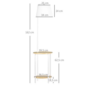 Weiße HOMCOM Stehleuchte mit rundem Leinen-Schirm, zwei runden Holzablagen und weißem Metallgestell, 162 cm hoch.