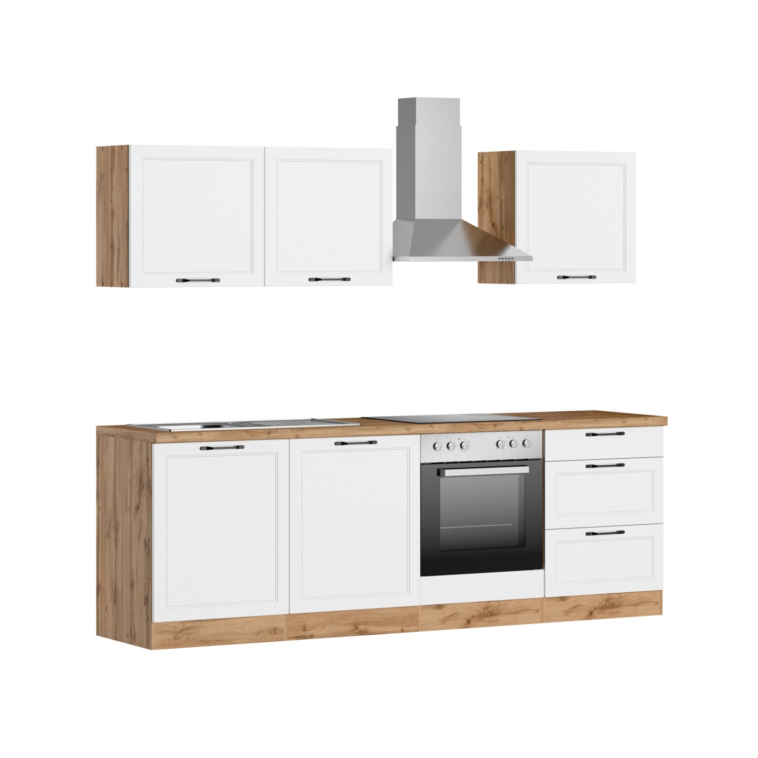 Küchenzeile Kempten 240 cm in Wotan Eiche/Weiß mit E-Geräten (Backofen, Kochfeld, Geschirrspüler, Dunstabzugshaube)