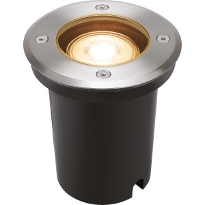 Runde LED Bodeneinbauleuchte, 35W, mit silberfarbenem Rahmen für den Außenbereich.