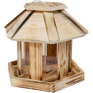 Vogelfuttersilo Wilder Kaiser aus Holz mit Silobauweise und Aufhängeschnur.