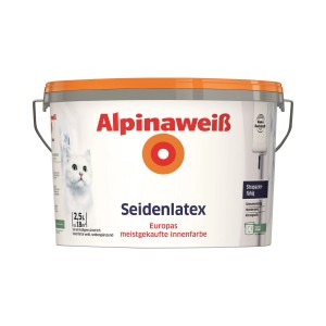 Eimer Alpinaweiß Seidenlatex, 2,5 Liter, seidenglänzend. Innenfarbe für strapazierfähige Wände.