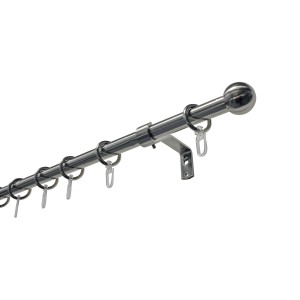 Gardinenstangen-Set Kugel, 16 mm, Edelstahloptik, 120 cm, mit Trägern und Ringen.