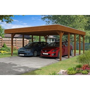 Skan Holz Doppelcarport Friesland in Nussbaum mit zwei geparkten Autos.