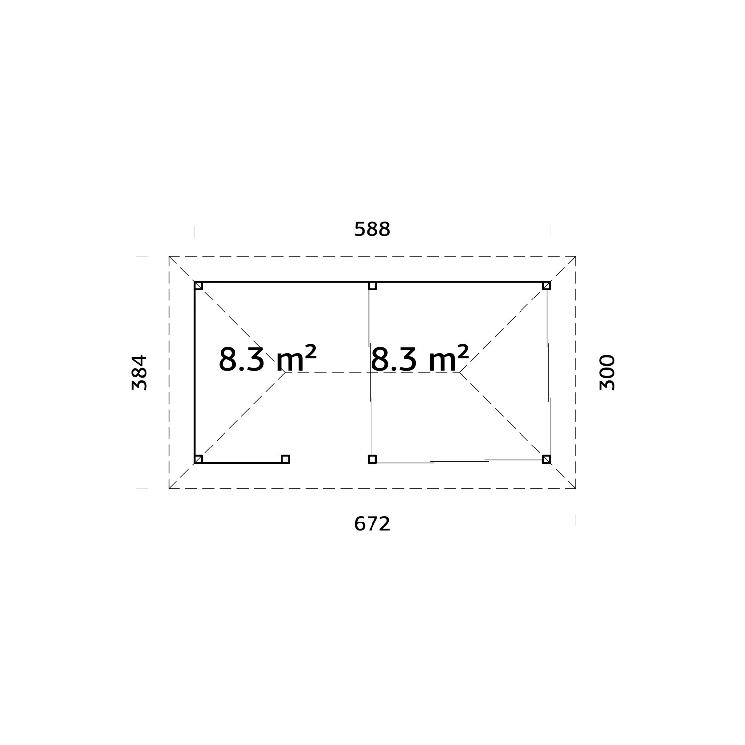 Grundriss Palmako Pavillon Bianca Set208 Slide Transparent, 588x300cm, mit Maßen.