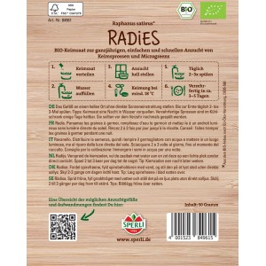 Sperli Bio Keimsprossen-Saat Radies: Verpackung mit Anzuchtanleitung für Radieschensprossen.