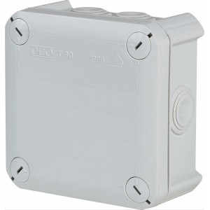 Grauer OBO Abzweigkasten Aufputz, 114x114mm, IP66, mit Klemmleiste.