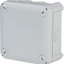 Grauer OBO Abzweigkasten Aufputz, 114x114mm, IP66, mit Klemmleiste.