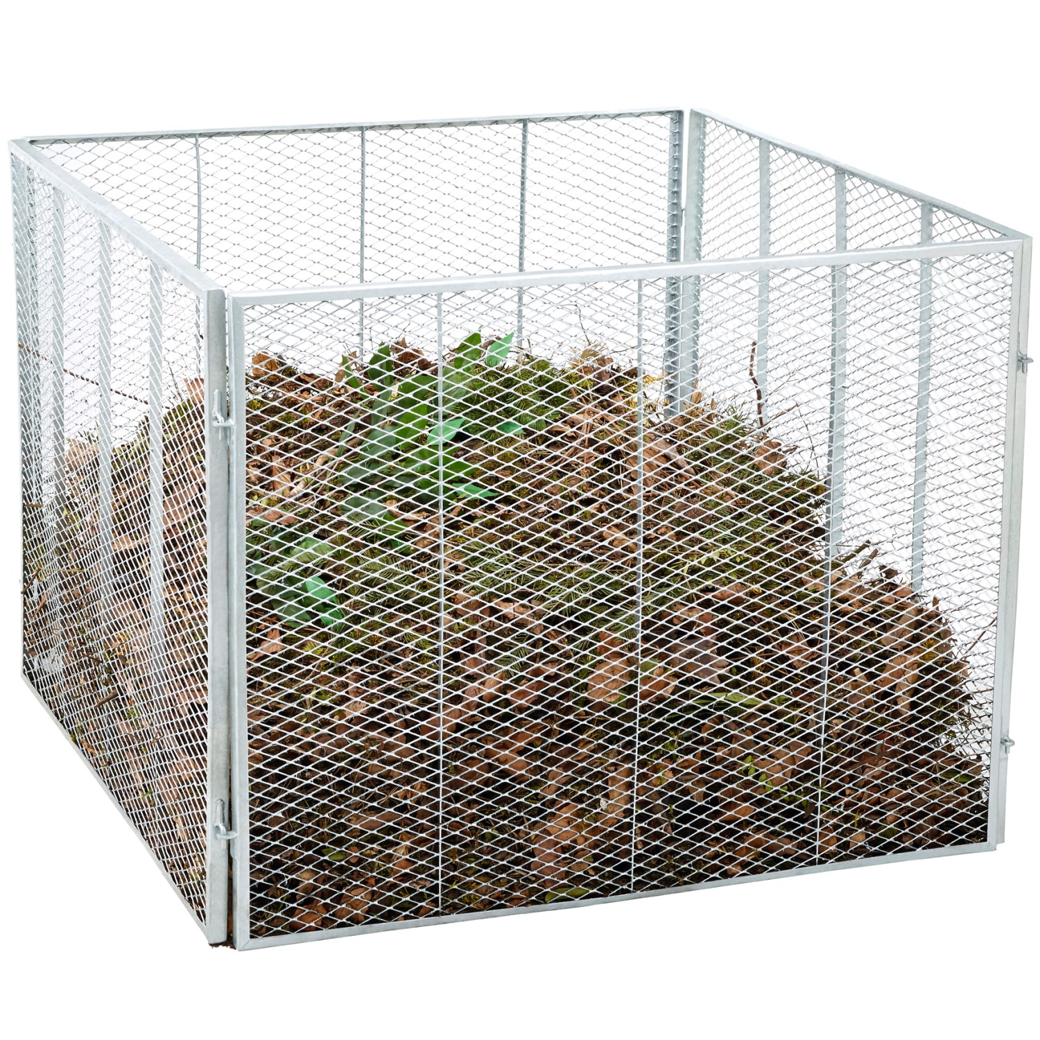 Vier-teiliger, feuerverzinkter Metall Komposter mit 800 l Fassungsvermögen, gefüllt mit Gartenabfällen.