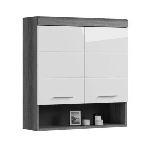 Hängeschrank in Weiß-Rauchsilber (74x79x24cm) für Bad oder Hauswirtschaftsraum.