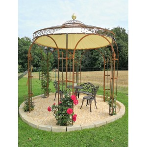Eleo Pavillon Milano, unbeschichtet, 300 cm. Metallpavillon mit Tisch und Stühlen im Garten.