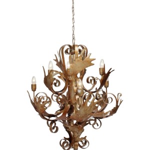 Goldfarbene Pendelleuchte Fly Through Gold II mit filigranen Verzierungen und sechs Leuchten.