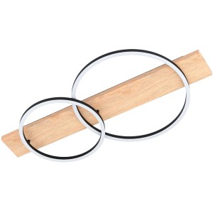 Moderne LED Deckenleuchte Boyal in Schwarz-Braun mit Holz-Optik und zwei runden Leuchtelementen.
