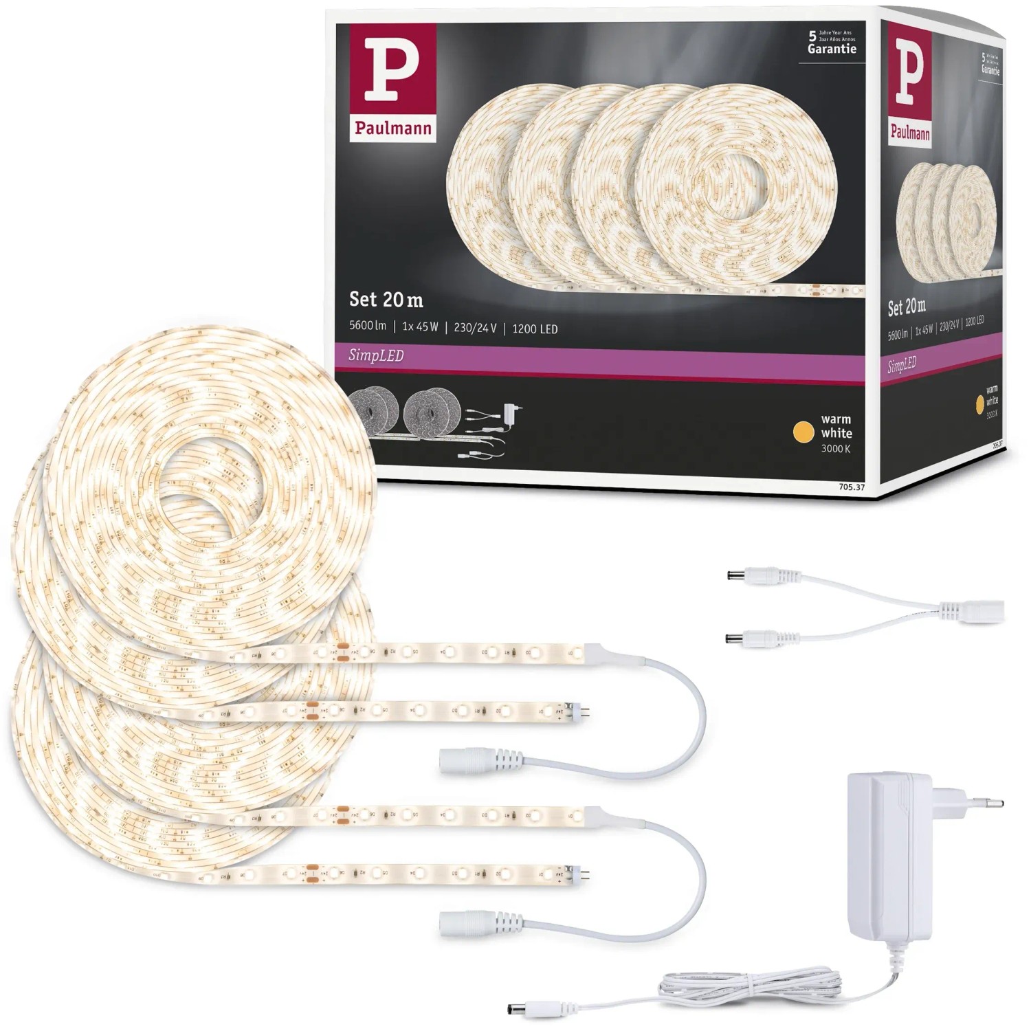 Paulmann SimpLED LED-Strip Komplettset, 20m, warmweiß, mit Zubehör und Verpackung.