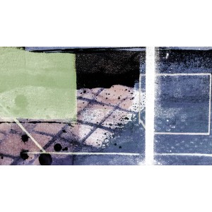 Komar Fototapete Vlies Cobbles Together, abstraktes Design mit grünen, schwarzen und blauen Elementen.