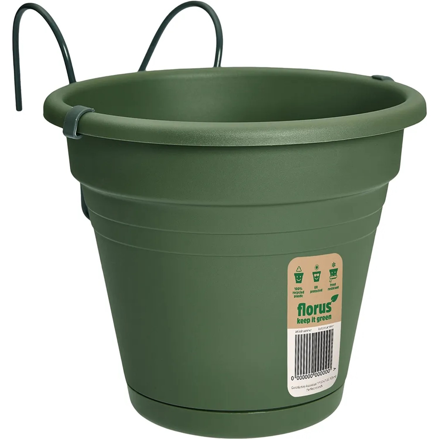 Grüner Florus Balkontopf Ø 20 cm mit Halterung für Balkongeländer.