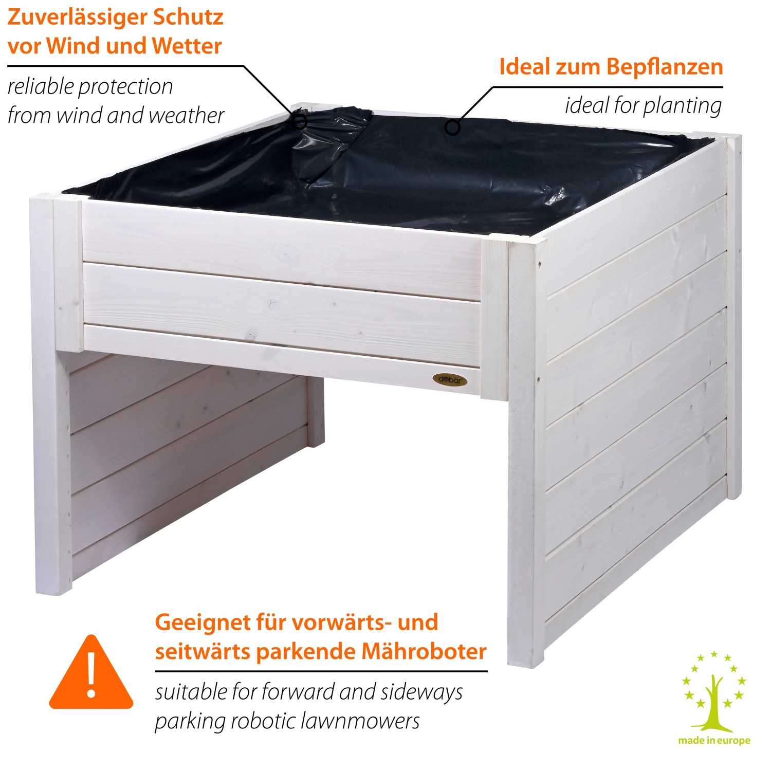 Weiße Mährobotergarage mit Pflanzkasten auf dem Dach. Bietet Schutz und Platz zum Bepflanzen.