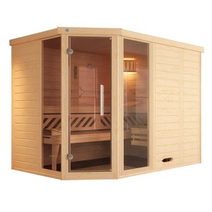 Weka Elementsauna Kemi Eck mit Glastür und Fenstern, 9 kW Ofen, Fichtenholz natur