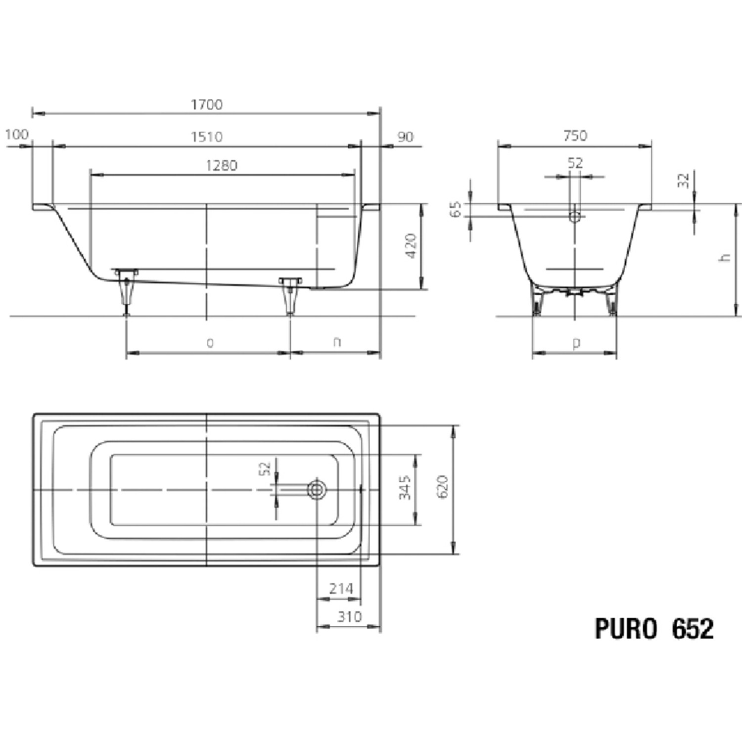 Technische Zeichnung Kaldewei Rechteck-Badewanne Puro, 170x75 cm, Maße und Details.