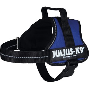 Blaues Julius K-9 Powergeschirr Mini, Größe M (51-67 cm), 28 mm breit. Hundegeschirr mit reflektierenden Elementen.