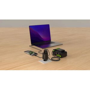 Greenworks 24V Akku 4Ah mit USB-C lädt Smartphone und Laptop. Vielseitiger Lithium-Ionen Akku als Powerbank.