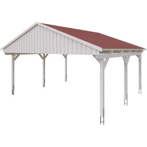 Weißes Skan Holz Carport Fichtelberg mit roten Schindeln, stabile Holzkonstruktion.