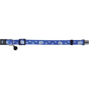 Blaues, reflektierendes Trixie Katzenhalsband aus Nylon mit Katzenmotiven und Glöckchen.