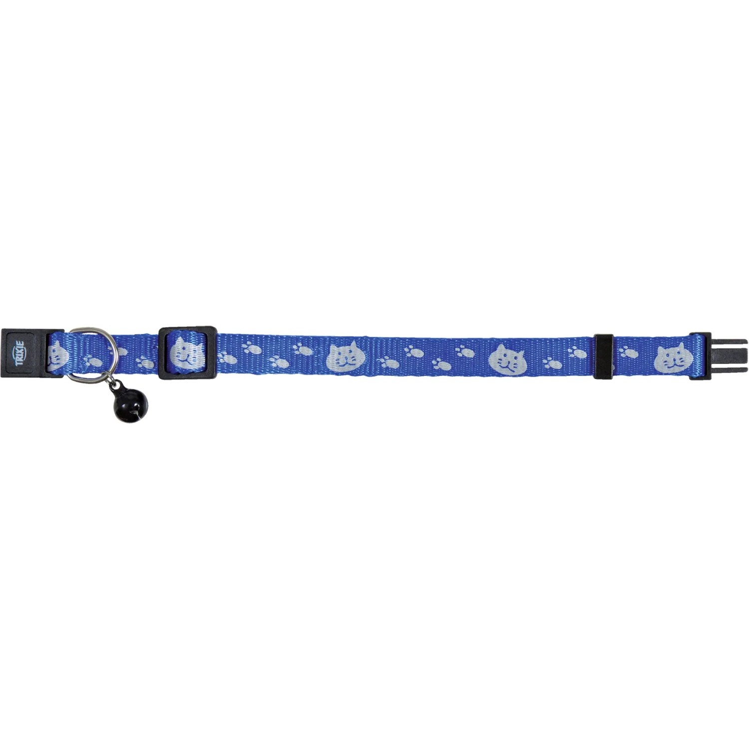Blaues, reflektierendes Trixie Katzenhalsband aus Nylon mit Katzenmotiven und Glöckchen.