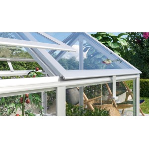 Vitavia Hochfrühbeet Gamma ESG Alu, 89x127x135cm, mit aufstellbaren Dachfenstern und Tomatenpflanze.