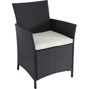 Schwarzer Polyrattan Sessel mit beigem Sitzkissen für den Garten oder die Terrasse.