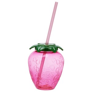 Pinker Trinkbecher in Erdbeerform mit Strohhalm, 9x17 cm, aus Kunststoff.