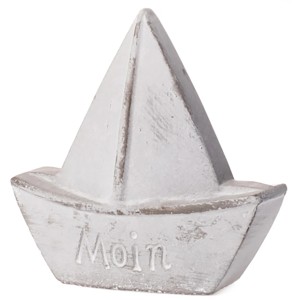 Grau-weißes Deko Segelschiff „Moin“ aus Beton, 12,5 cm hoch, für maritime Gartendeko.