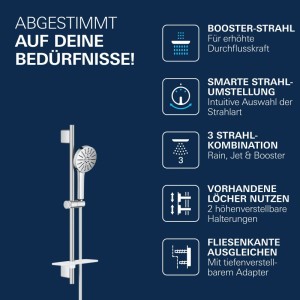 Grohe Brausestangen-Set Vitalio Joy+ 120 Chrom mit Handbrause, Duschstange und Seifenschale. 3 Strahlarten.