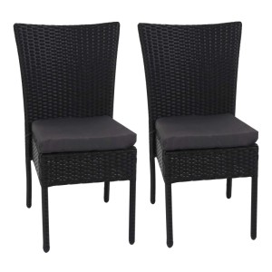 2er Set schwarze Poly-Rattan Gartenstühle mit dunkelgrauen Kissen.