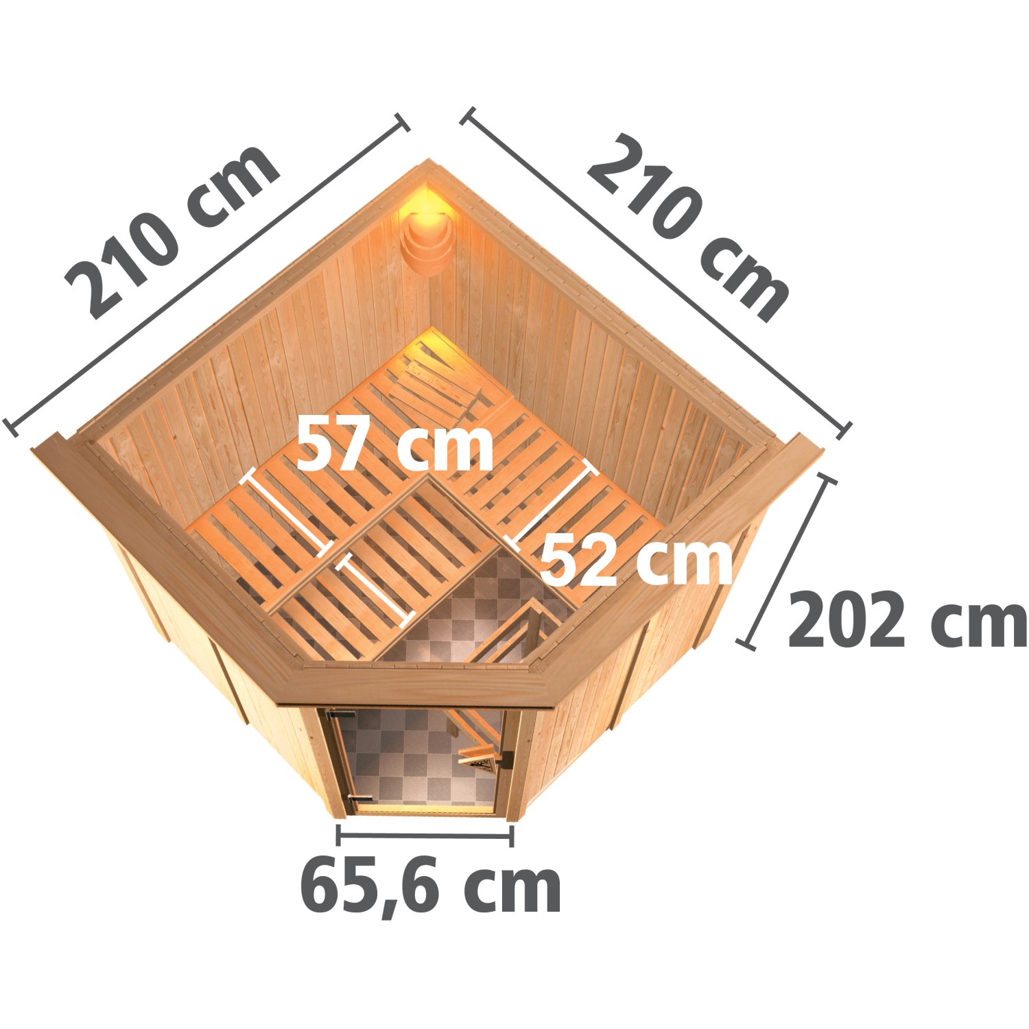 Karibu Sauna Jorma mit Ofen, Aufsicht: Elementsauna aus Fichte mit Maßen und Liegen.