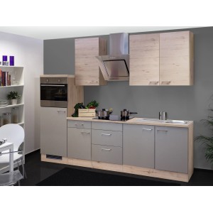 Moderne OBI Küchenzeile Arizona 270 cm in Quarz-Cubanit und San Remo Eiche Optik mit E-Geräten.