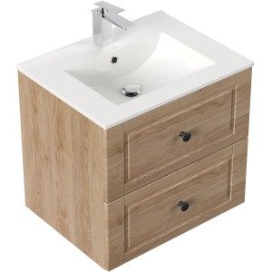 Posseik Waschbeckenunterschrank Cottage Eiche hell, 62 cm breit, mit zwei Schubladen und Aufsatzwaschbecken.