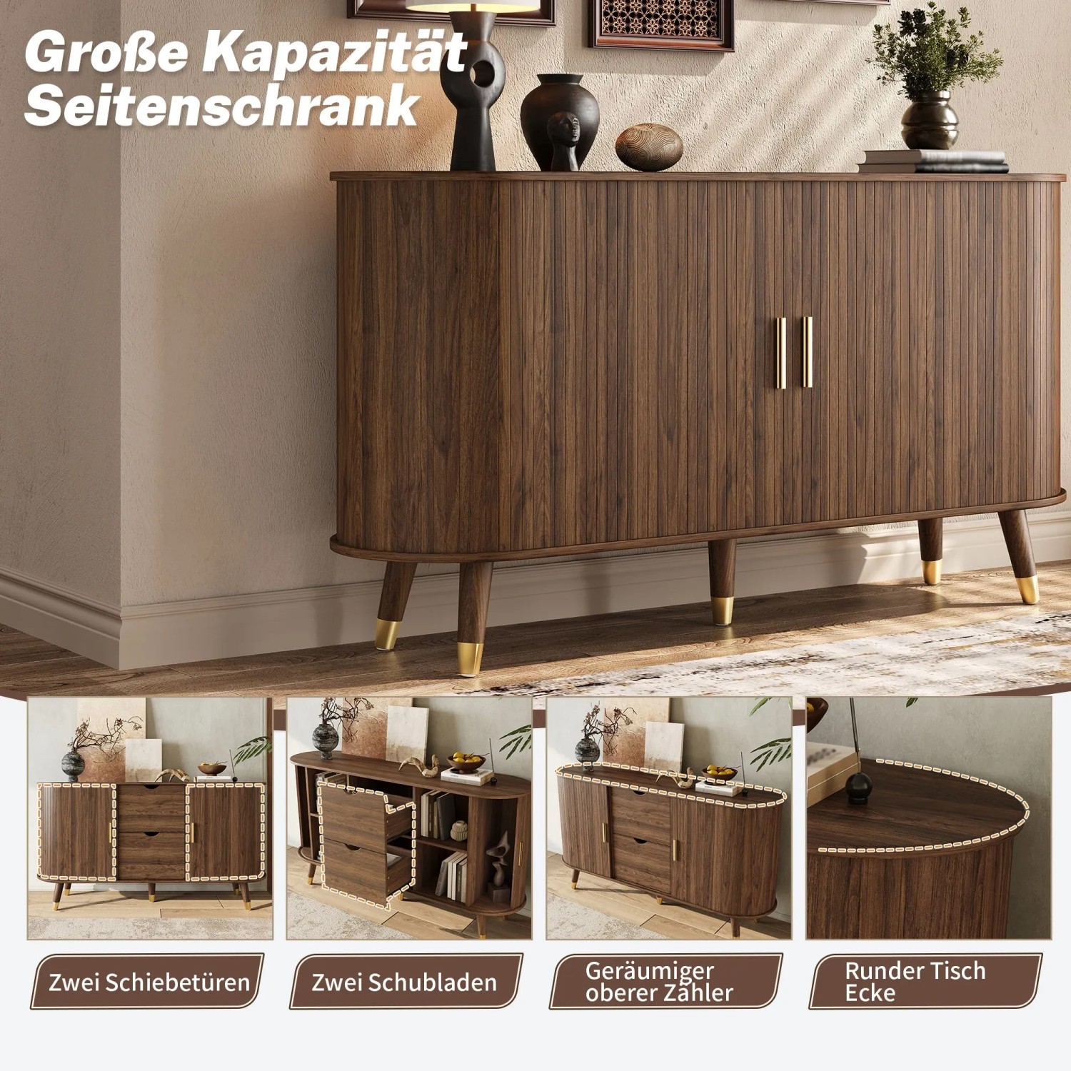 okwish Sideboard mit 2 Schiebetüren 2 Schubladen Wohnzimmer 140x79.5x40cm Braun_8