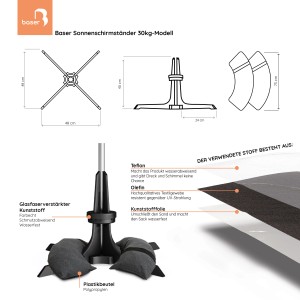 Baser Sonnenschirmständer 30 kg, dunkelgrau, mit Sandsäcken und Maßangaben.