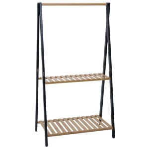 Bambus Pflanzenregal mit 2 Ablagen und Stange für Hängepflanzen, natur und schwarz, 130x70x44cm.