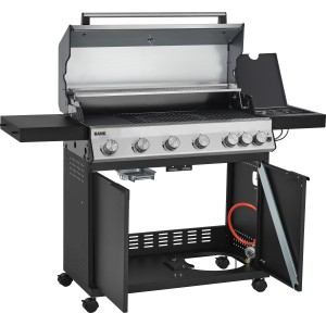 Jamestown Kane 6 Gasgrill mit 6 Brennern, Seitenkocher und Unterschrank. Ideal für Grillpartys im Garten.