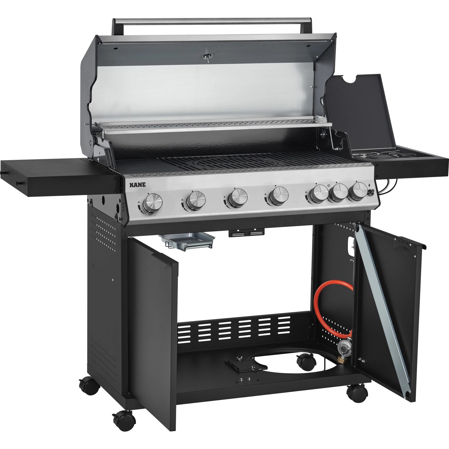 Jamestown Kane 6 Gasgrill mit 6 Brennern, Seitenkocher und Unterschrank. Ideal für Grillpartys im Garten.