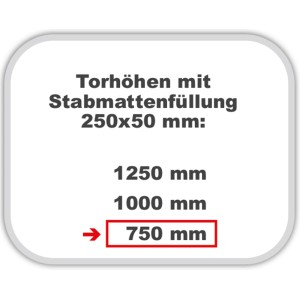 Infografik: Torhöhen mit Stabmattenfüllung 250x50 mm, Höhe 750 mm hervorgehoben.