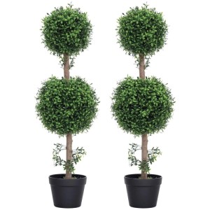 Zwei künstliche Buchsbaum-Topiary-Bäume mit je zwei grünen Kugeln in schwarzen Töpfen, 91,6 cm hoch.