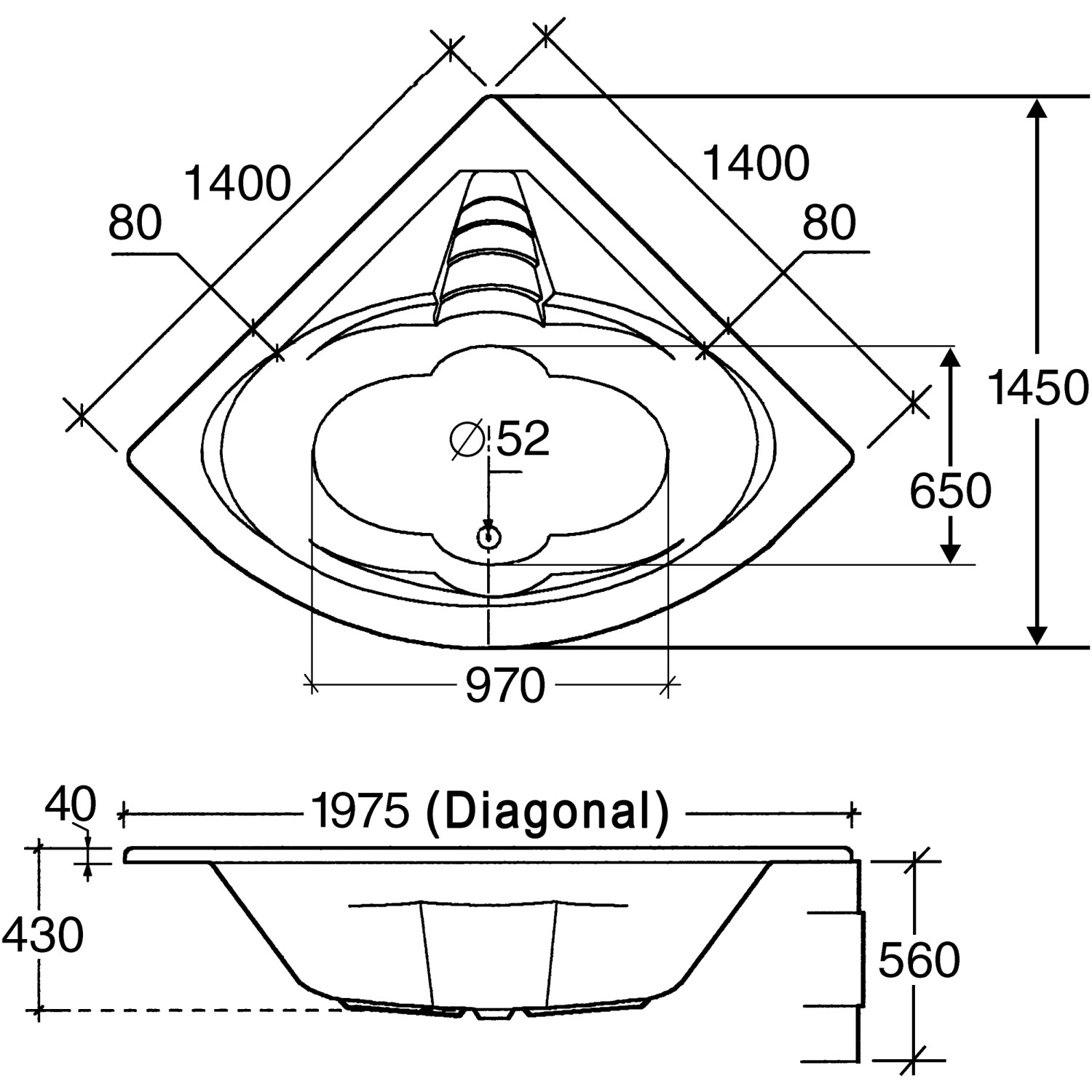 Skizze des Ottofond Whirlpool Cascade Exklusiv 140 cm, Maße und Details der Whirlpool-Badewanne.