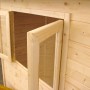 Detailansicht: Soulet Kinderspielhaus Garance mit offenem Fenster. Naturholz, unbehandelt.
