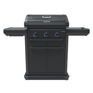 Campingaz Gasgrill 3 Series Onyx S, schwarzer Grill mit Seitenkocher und beleuchteten Knöpfen.