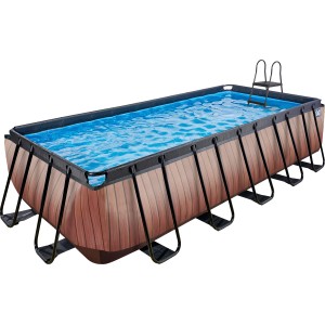 Rechteckiger EXIT Wood Pool in Braun mit Leiter und Filterpumpe, 540x250x122cm.