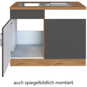 Held Möbel Spülzentrum Sorrento, 110cm, Anthrazit/Eiche, mit offener Tür. Spülenunterschrank für die Küche.