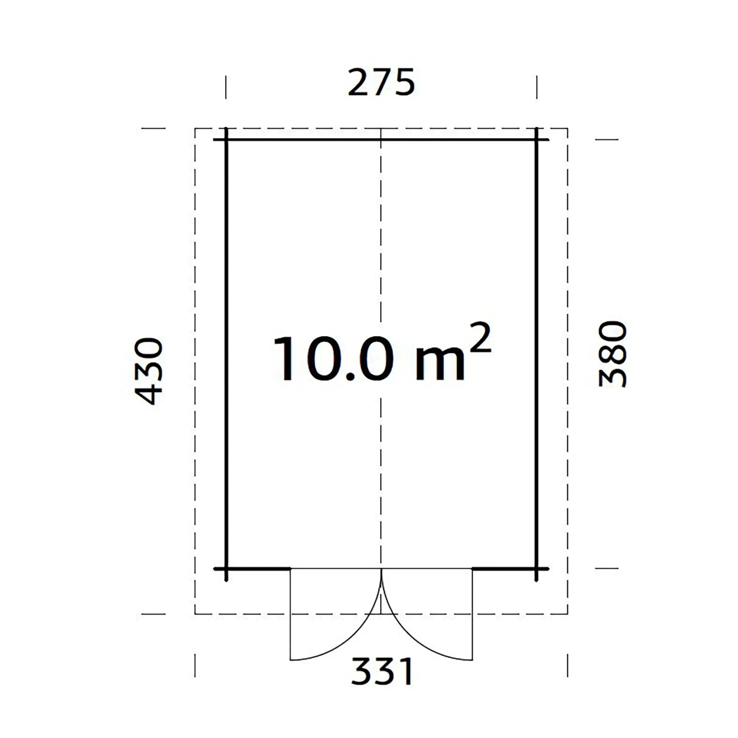 Grundriss Palmako Gartenhaus Lotta, 275x380 cm, 10 m² Fläche. Holz-Gartenhaus mit Doppeltür.