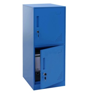 Blauer MCW Spind P63 mit 2 Türen, eine Tür geöffnet, Ordner sichtbar.